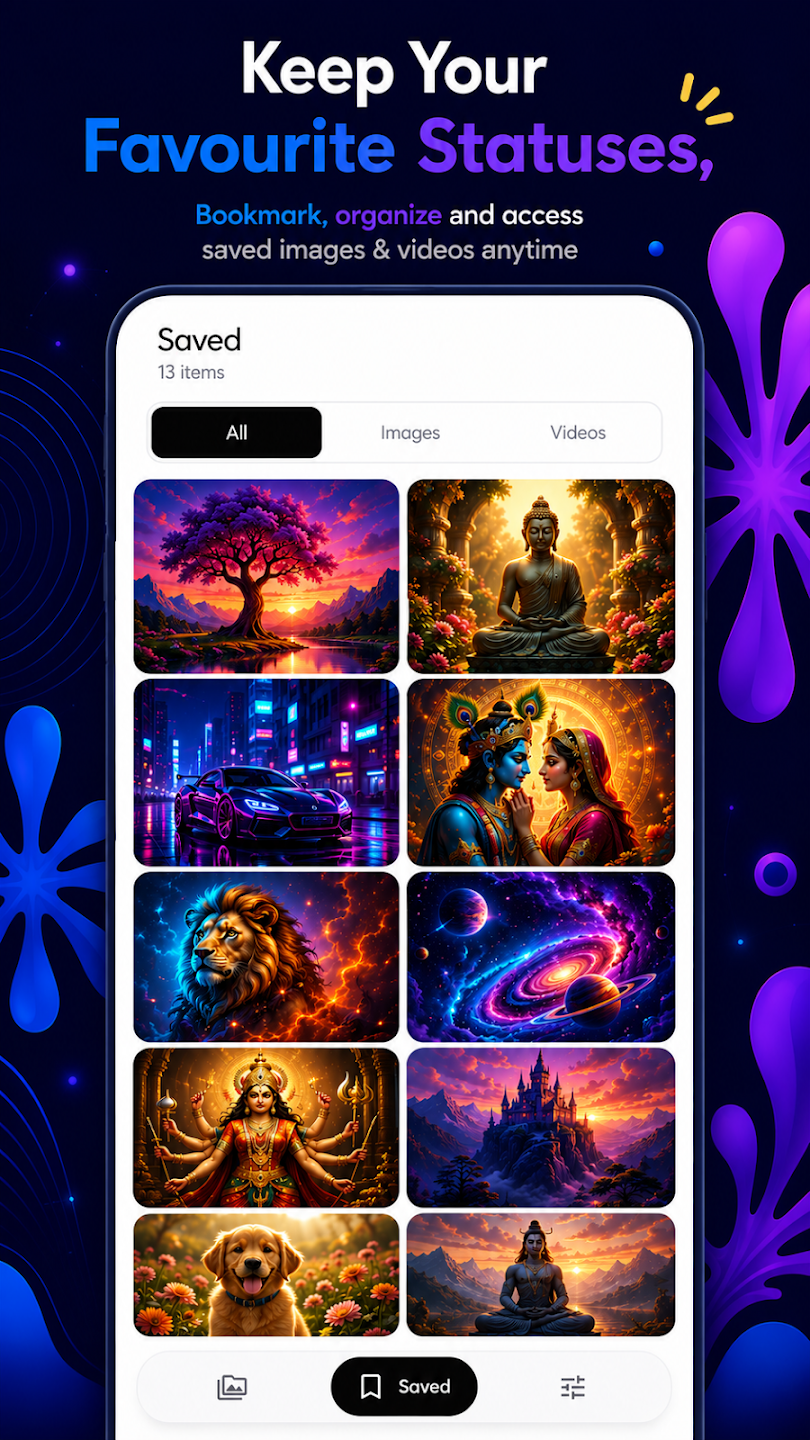 The Saved screen showing 13 saved statuses in a grid, filtered by All, Images or Videos
