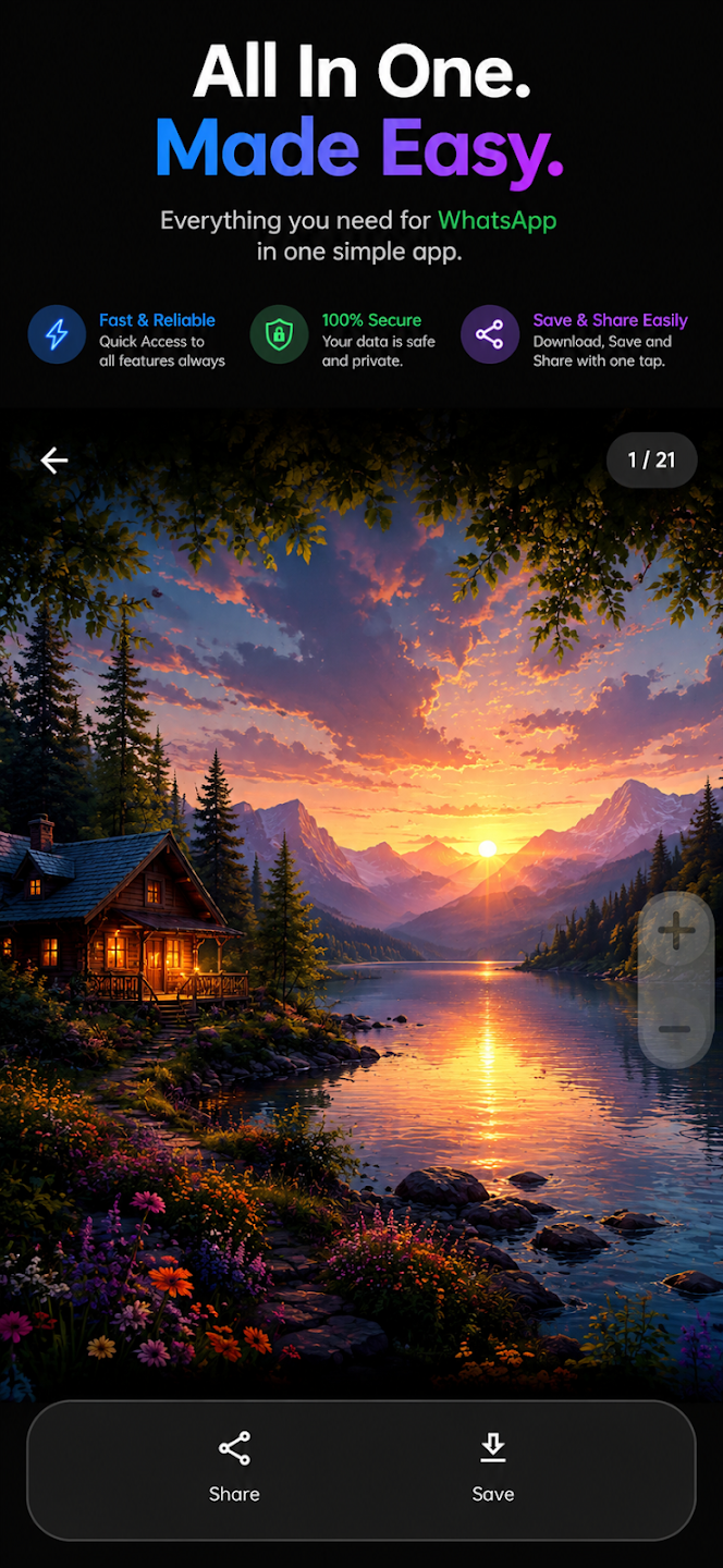A status open in the full-screen viewer with Share and Save buttons below it