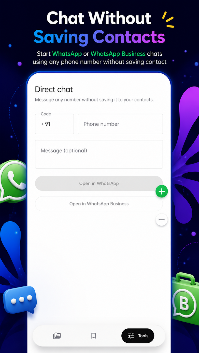 The Direct chat screen for messaging any phone number without saving it as a contact